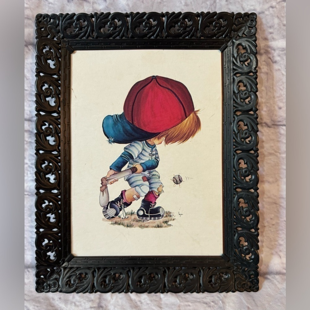 1978 Arthur A. Kaplan Co. Lil Slugger Framed Litho Print Cartoon Baseball Boy